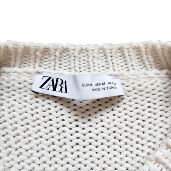 Zara Chunky Cable Knit Sweater Puff/Balloon Sleeves Soft Cotton Ivory/White Med - Picture 10 of 12